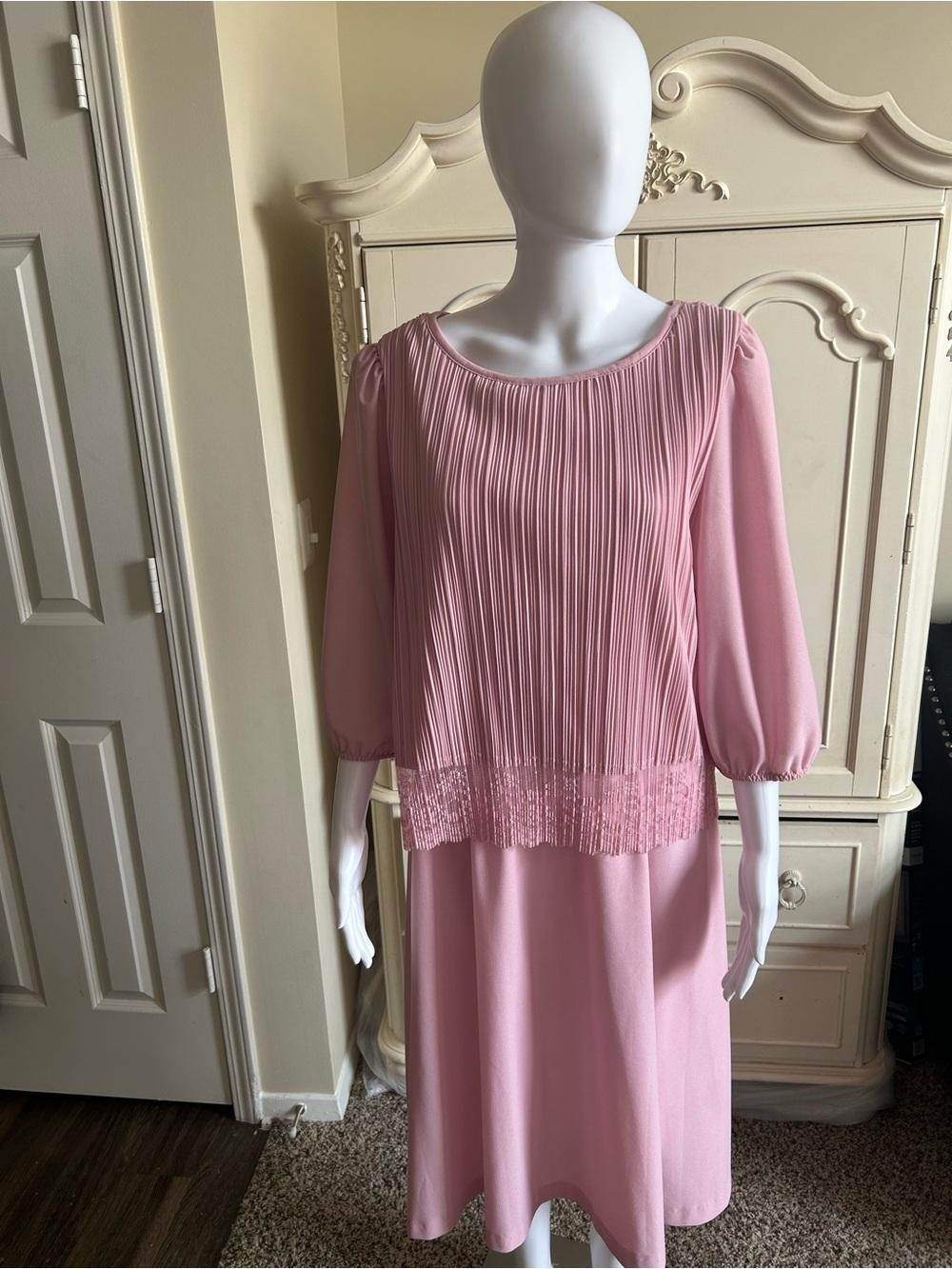 Vtg Pleated Pink Two-Piece Dress Set